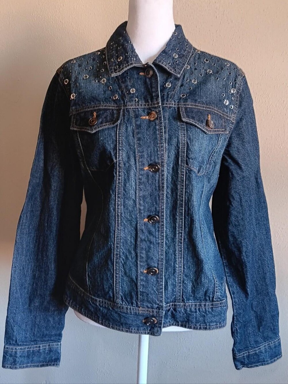 Western Grunge Westbound Denim Sequin Cotton Jacket Button Up Medium Blue Jean